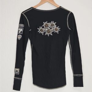 Alp N Rock Edelweiss Henley Shirt Snow Black Embroidered Floral Size XS